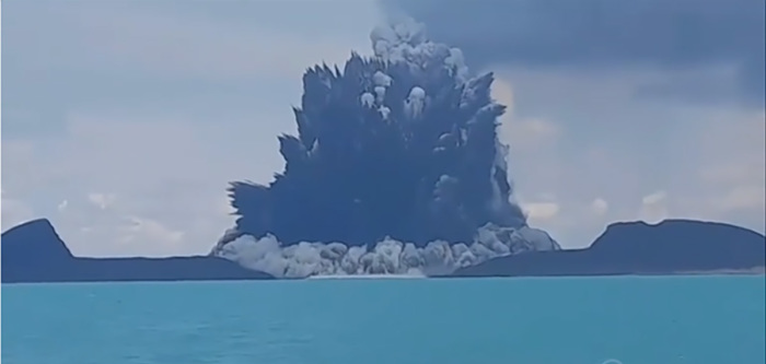 Video showing the sudden eruption of the Hunga-Tonga-Hunga-Ha’apai underwater volcano on Jan. 15, 2022. 