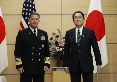 US Admiral John C. Aquilino (L), commander of the United States Indo-Pacific Command, meets with Japan's Prime Minister Fumio Kishida at the prime minister's official residence in Tokyo on November 11, 2021.