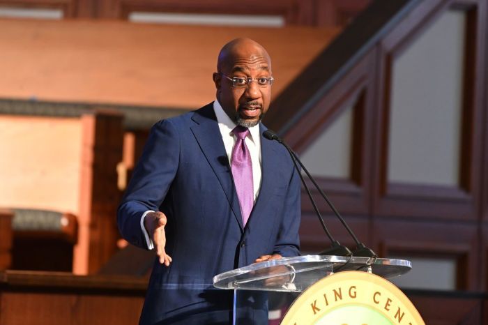 Senator Raphael G. Warnock attends the 2022 King Holiday Observance Beloved Community Commemorative Service at Ebenezer Baptist Church on Jan. 17, 2022 in Atlanta, Georgia. (Photo by Paras Griffin/Getty Images) 