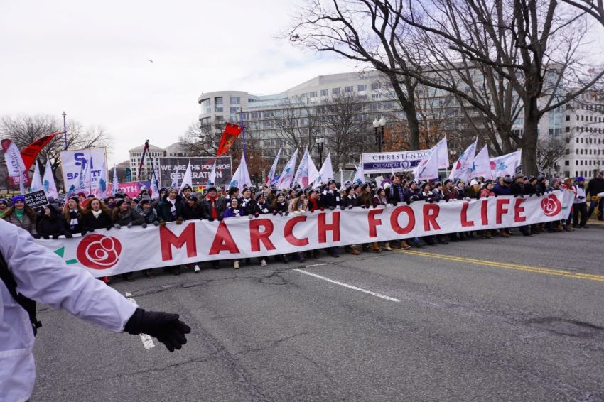 Demonstrators lead the way at the 2022 March for Life in Washington, D.C., on Jan. 21, 2022.