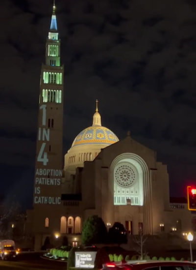 Catholics for Choice project pro-abortion messaging on the Basilica of the National Shrine of the Immaculate Conception in Washington, D.C. on Jan. 20, 2022. 