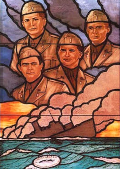 A stained glass window honoring four Army chaplains who died on Feb. 3, 1943, with the sinking of the U.S.S. Dorchester. They include Lt. George Fox (Methodist), Lt. Alexander Goode (Jewish), Lt. John Washington (Catholic), and Lt. Clark Poling (Dutch Reformed).