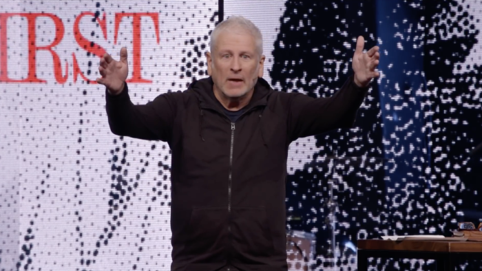 Pastor Louie Giglio seen preaching on a sermon series titled “Seek First' at Passion City Church in Atlanta, Georgia, on Jan. 23, 2022. 