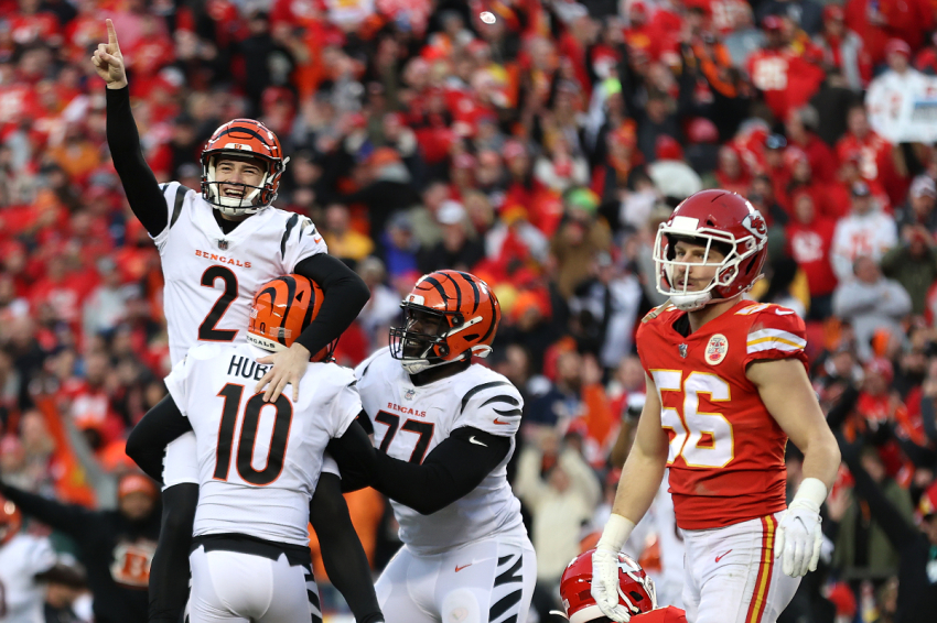 Kicker Evan McPherson (#2) of the Cincinnati Bengals celebrates after kicking the game-winning field goal in overtime against the Kansas City Chiefs in the AFC Championship Game at Arrowhead Stadium on January 30, 2022 in Kansas City, Missouri.
