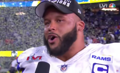 Aaron Donald speaks during a post-game interview following Super Bowl LVI in Inglewood, California, on Feb. 13, 2022. 