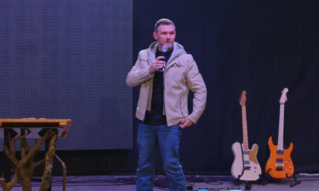 Pastor Greg Locke speaks at Global Vision Bible Church in Tennessee on Feb. 17, 2022.