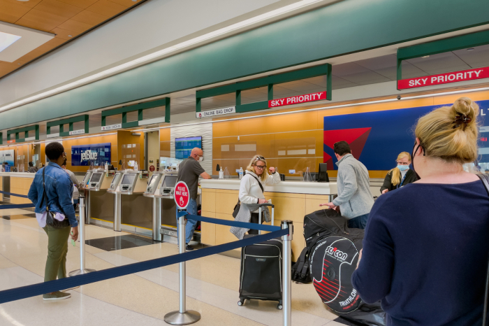 Customers wait to check-in at Sarasota–Bradenton International Airport in Sarasota, Florida.