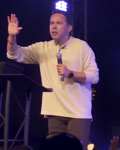 Pastor Samuel Rodriguez preaches at New Season Worship in Sacramento, California, on Feb. 20, 2022.