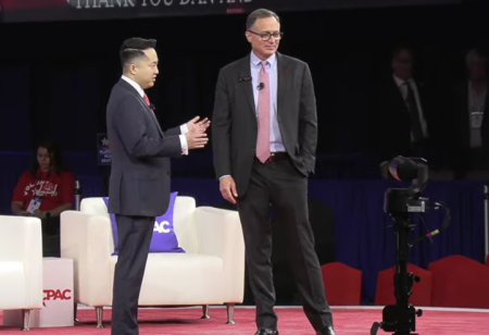 North Korean defector Lee Hyun-Seung (L) speaks with CPAC Executive Director Dan Schneider (R) at CPAC 2022 in Orlando, Florida, on Feb. 24, 2022. 