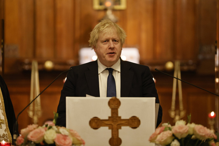 British Prime Minister Boris Johnson meets members of the Ukrainian community at the Ukrainian Catholic Cathedral, Mayfair, on February 27, 2022 in London, England. Russia's large-scale invasion of Ukraine has killed scores and prompted a wave of protests across Europe. 