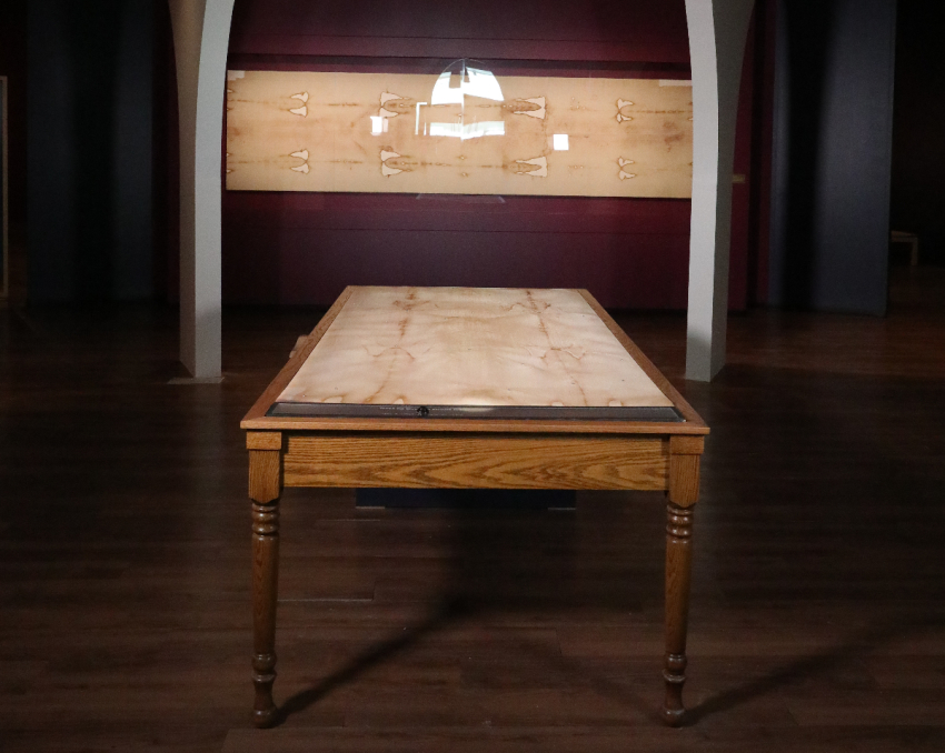 A Shroud of Turin exhibit at the Museum of the Bible features a full-size replica of the cloth Jesus Christ was believed to be buried in. Visitors have the opportunity to learn more information about the distinctive marks on the Shroud and hear Bible verses by touching sensors on an interactive version of the cloth.