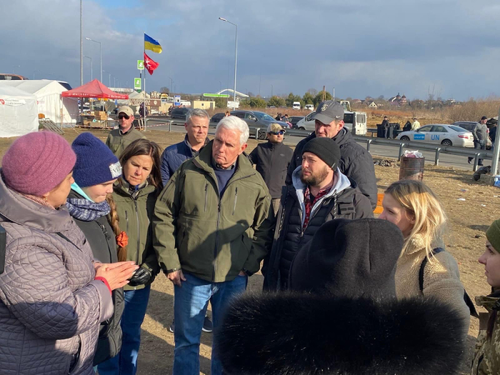 Former Vice President Mike Pence and former Second Lady Karen Pence visit the Ukraine-Poland border to meet with Ukrainians fleeing their war-torn country and leadership of the charitable organization Samaritan’s Purse, Mar. 10, 2022.