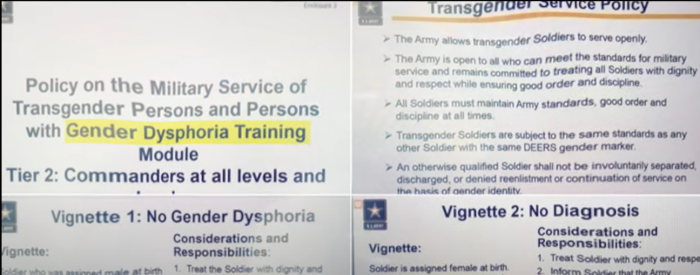 Screenshots of a United States Army presentation highlighting its “Policy on the Military Service of Transgender Persons and Persons with Gender Dysphoria” were included in an ad for retired Marine Colonel Mitchell Swan’s congressional campaign.