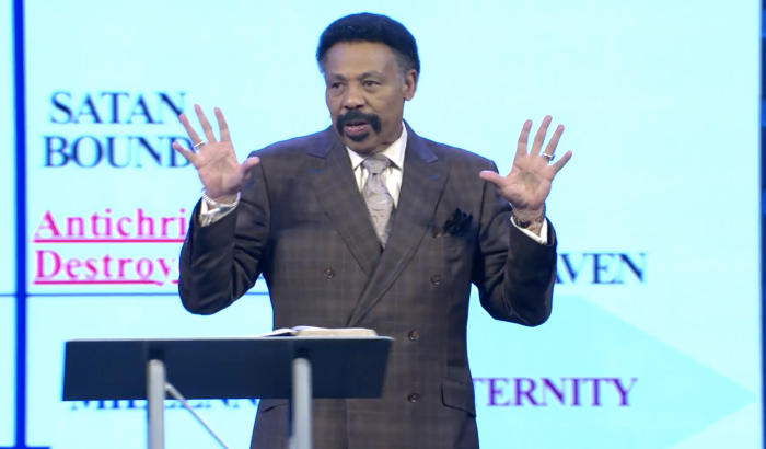 Pastor Tony Evans of Oak Cliff Bible Fellowship preaches a sermon on the End Times in Dallas, Texas, on March 13, 2022. 