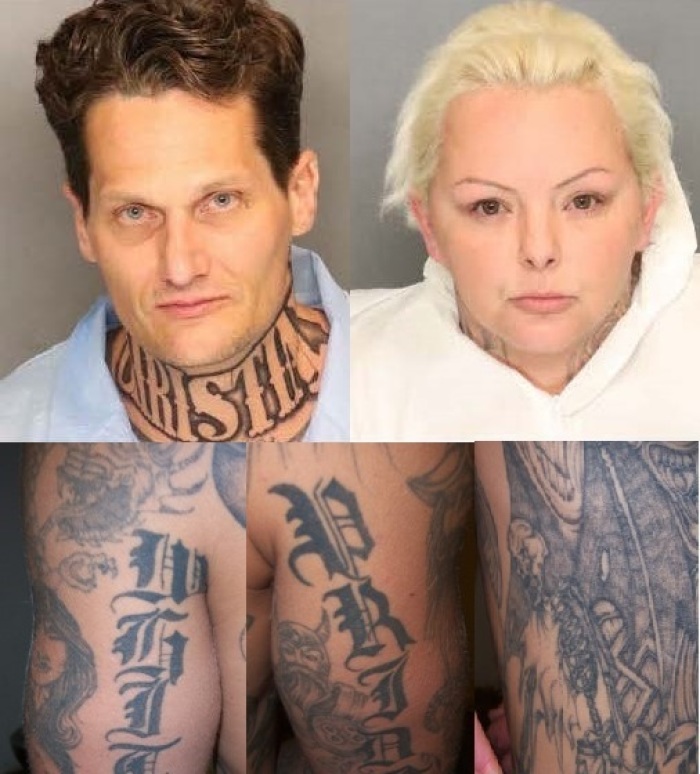 Co-defendants Jeremy Wayne Jones, 49 (Top - L) Christina Lyn Garner, 42 (Top-R), have been charged with intentionally killing Justin Peoples because of his race, color, religion, nationality or country of origin. Jones' tattoos also pictured celebrates white pride and a swastika.