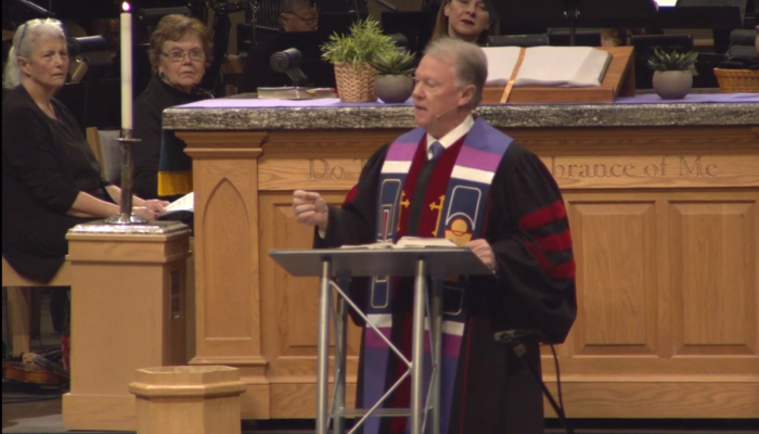 Asbury Church Senior Pastor Tom Harrison preaches during the traditional service in Tulsa, Oklahoma, on March 27, 2022.