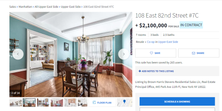 The listing of the disputed "parsonage" located at 108 East 82 Street, County, City and State of New York