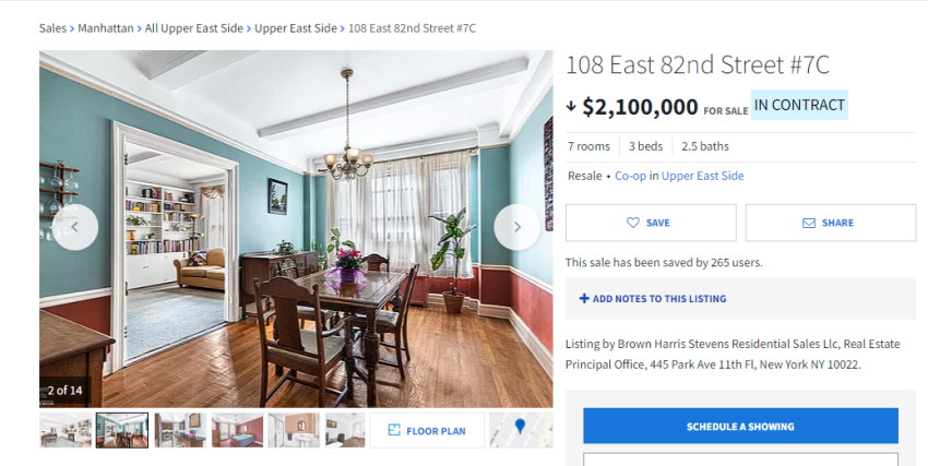 The listing of the disputed "parsonage" located at 108 East 82 Street, County, City and State of New York