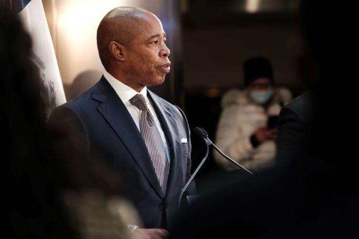 New York Mayor Eric Adams speaks during a news conference at a Manhattan subway station on January 06, 2022 in New York City. 