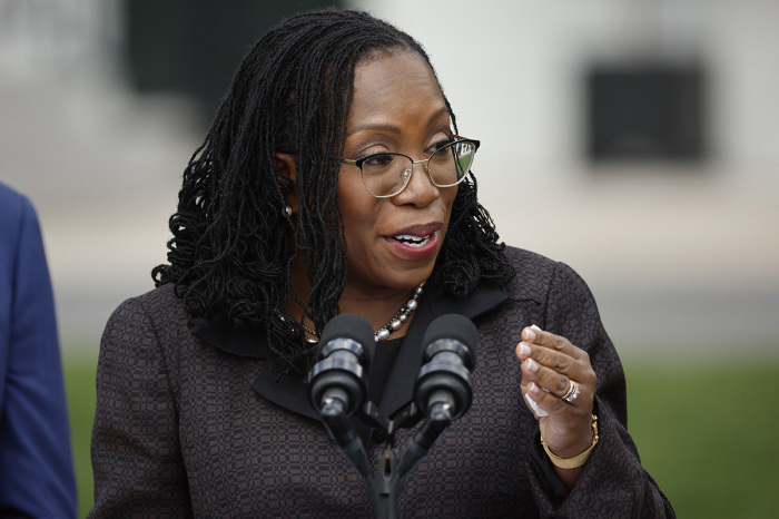 Judge Ketanji Brown Jackson speaks during an event celebrating her confirmation to the U.S. Supreme Court on the South Lawn of the White House on April 08, 2022, in Washington, D.C. 