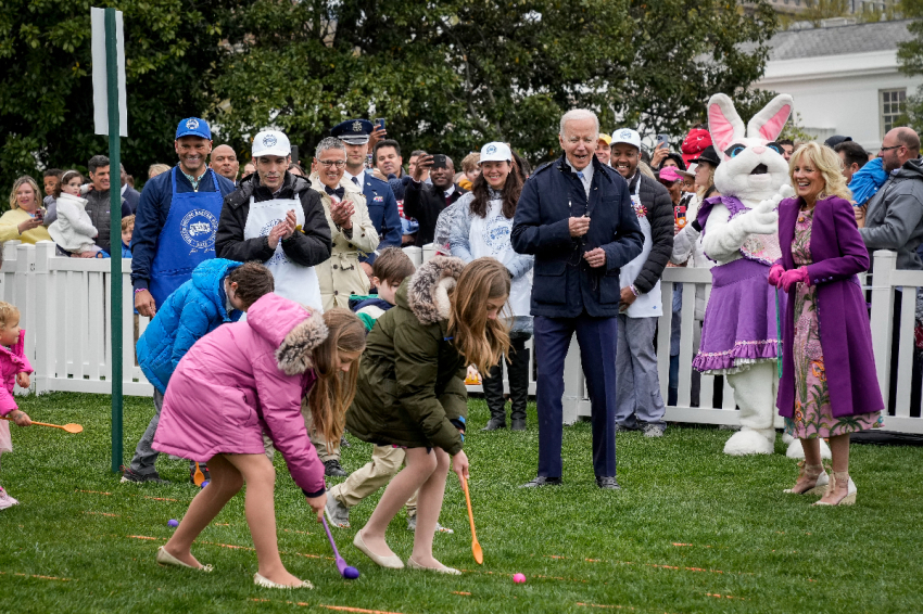U.S. President Joe Biden and First Lady Jill Biden attend the Easter Egg Roll on the South Lawn of the White House on April 18, 2022 in Washington, DC.