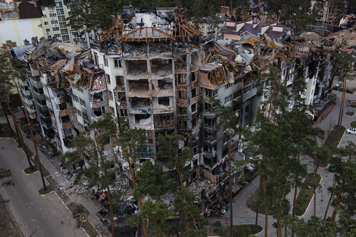 A heavily damaged apartment building on April 18, 2022, in Irpin, Ukraine. 