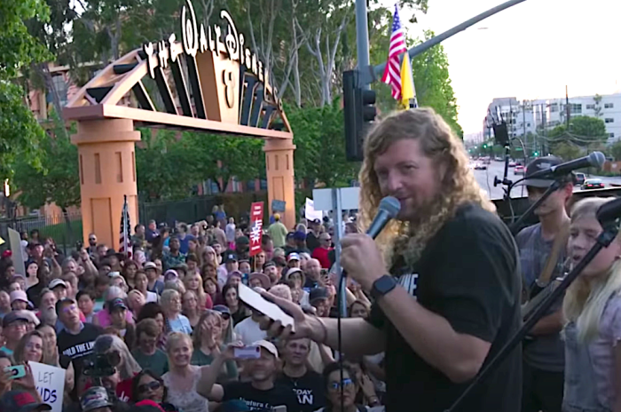 Sean Feucht speaks at the 'Hold the Line' rally at Disney headquarters in Burbank, California, on April 6, 2022.