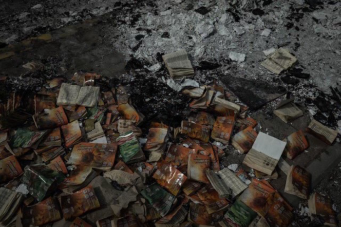 Burned Bibles are part of the rubble left behind after Russian troops destroyed Mission Eurasia's Field Ministries Training Center in Irpin, Ukraine in April 2022.