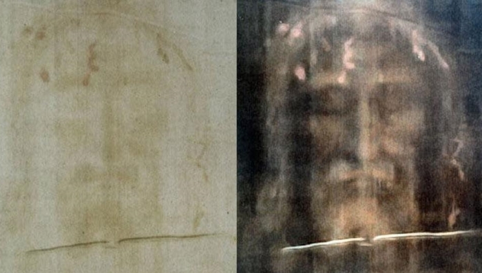 A photo shows a regular image of the face on the Shroud of Turin next to a digitally processed one. 