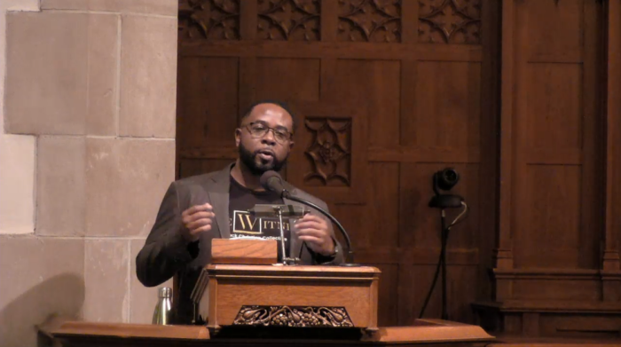 Christian writer and public historian Jemar Tisby speaks at Grove City College in 2021.