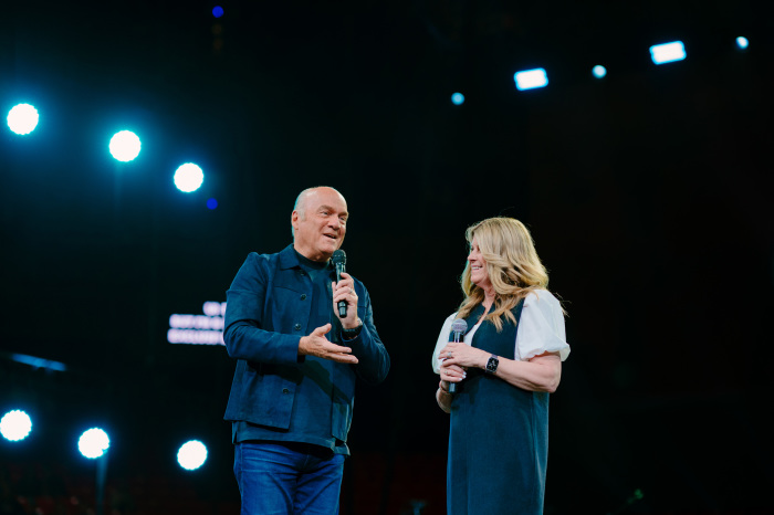 Pastor Greg Laurie and his wife, Cathe, speak at Boise Harvest in Boise, Idaho, in April 2022. 