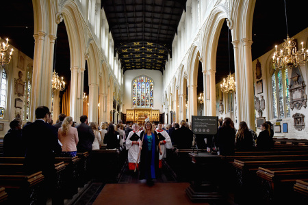 The choir, Church ministers, civil servants and Members of Parliament process out of St Margaret's Church, Westminster Abbey arrive after the Service for the New Parliament at St Margaret's Church on June 9, 2015, in London, England.