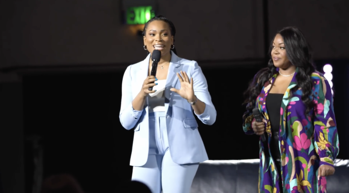 Pastor Stephenie Ike and Angelica Nwandu from 'The Same Room' at a live on-stage Q&A talk on the five major signs of imbalance at ONE | A Potter's House Church on April, 26 2022. 