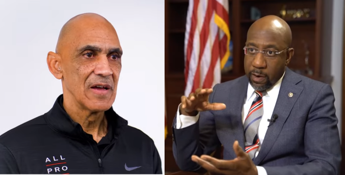 Longtime civil rights activist the Rev. Raphael Warnock who was elected as Georgia’s first black senator in Jan. 2021, (R) and Tony Dungy, the first black NFL coach to win a Super Bowl (L).