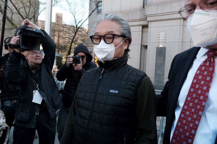 Archegos Capital Management owner Bill Hwang leaves federal court in Manhattan on April 27, 2022, in New York City. Hwang, along with his former chief financial officer, Patrick Halligan, pleaded not guilty after being charged with 11 counts of racketeering and securities fraud. Hwang was released on a $100 million bond. 