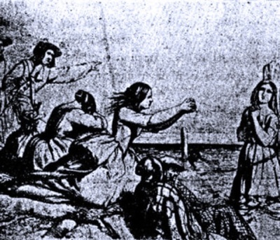 An old woodcut depicting the martyrdom of Margaret Lachlane and Margaret Wilson, who were drowned in the Solway Firth at Wigtown in Scotland in 1685. 