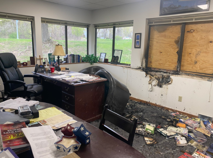 Debris is scattered across the office of the Wisconsin Family Action headquarters, which was attacked with two Molotov cocktails and graffiti following the leaking of a draft opinion of a U.S. Supreme Court case that could overturn Roe v. Wade.