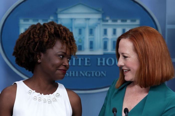 White House Press Secretary Jen Psaki (R) introduces Principal Deputy Press Secretary Karine Jean-Pierre (L) during a White House daily press briefing at the James S. Brady Press Briefing Room of the White House May 5, 2022 in Washington, DC. President Joe Biden announced today that Karine Jean-Pierre has been promoted to be White House Press Secretary, replacing Jen Psaki who will depart from the White House on May 13, 2022.