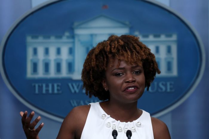 White House Principal Deputy Press Secretary Karine Jean-Pierre speaks during a White House daily press briefing at the James S. Brady Press Briefing Room of the White House May 5, 2022 in Washington, D.C. 