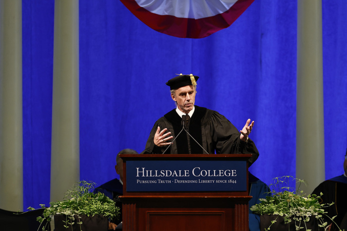 Clinical psychologist Jordan B. Peterson speaks at Hillsdale College's commencement ceremony in Michigan on May 7, 2022. 