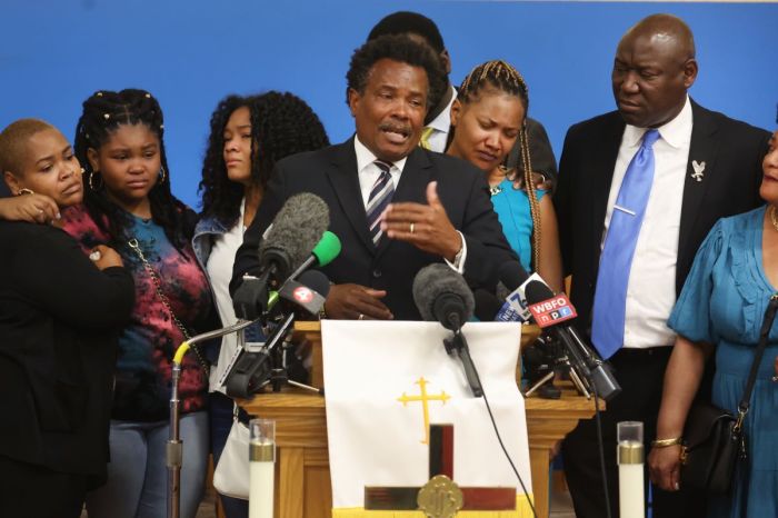 Garnell Whitfield Jr. the son of 86-year-old Ruth Whitfield who was killed during a mass shooting at Tops market speaks during a press conference with attorney Benjamin Crump and members of his extended family by his side on May 16, 2022, in Buffalo, New York.