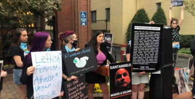 Pro-life activists affiliated with the Progressive Anti-Abortion Uprising give a press conference outside the Washington Surgi-Clinic in Washington, D.C. offering a $25,000 reward for anyone with information that will lead to the conviction of abortionist Dr. Cesare Santangelo, May 4, 2022. 