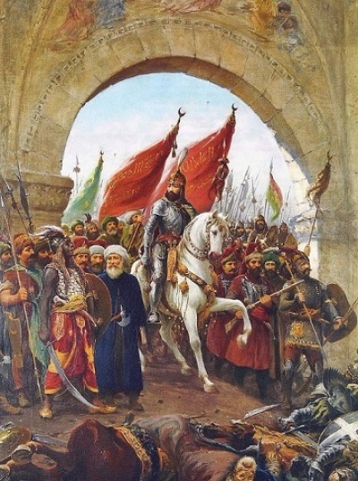 Ottoman Sultan Mehmed II enters Constantinople in 1453 after conquering the city, as depicted by the painter Fausto Zonaro (1854-1929).