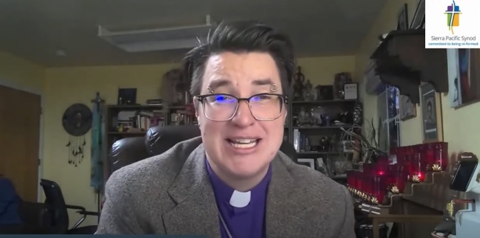 The Rev. Megan Rohrer, the first trans-identified bishop in the Evangelical Lutheran Church in America, speaks during livestream in 2022.