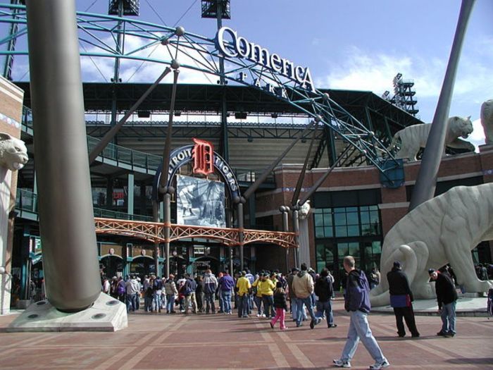The entrance of Comerica Park, home of the Detroit Tigers.