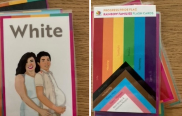 A preschool teacher in North Carolina has resigned following backlash over her use of a flashcard depicting a pregnant man as part of a lesson on colors. 