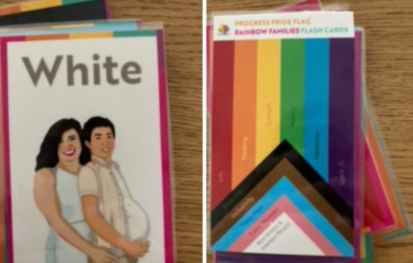 A preschool teacher in North Carolina has resigned following backlash over her use of a flashcard depicting a pregnant man as part of a lesson on colors.
