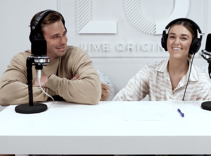 Sadie Robertson Huff (R) and her husband, Christian Huff (L), speak on a May, 25 2022, episode of her “WHOA That's Good' Podcast.