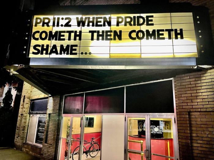 The signage at the Old Theater in Lowell, Michigan, went up in June 2022 ahead of a scheduled pride event. 