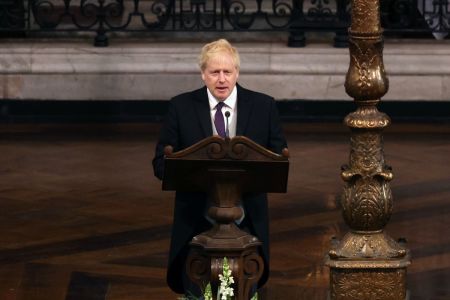 United Kingdom Prime Minister Boris Johnson speaks at the National Service of Thanksgiving at St. Paul's Cathedral on June 03, 2022 in London, England. 